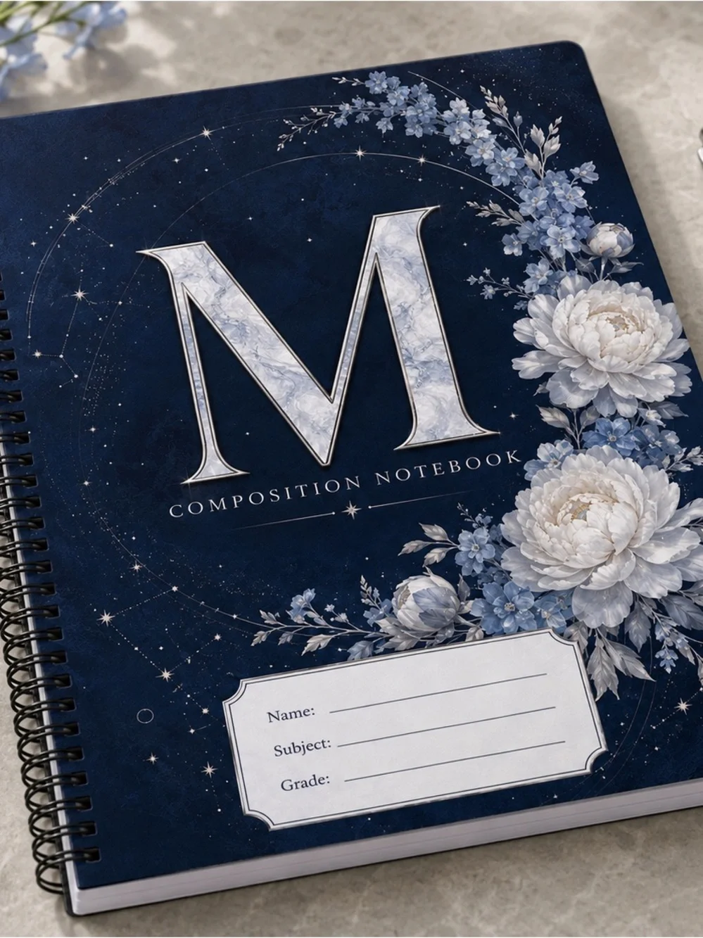 Personalized Monogram M Floral Celestial Spiral Notebook